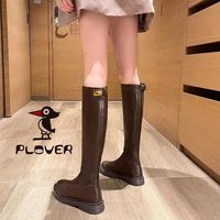 PLOVER真软皮长筒靴女2024春秋季不过膝厚底瘦高筒骑士长靴