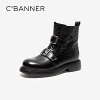 千百度（C.BANNER）厚底手抓皮切尔西靴女2025冬季时装靴短靴子 黑色(绒里) 40 (250mm)