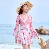朵彩 游泳衣女款高级感连体长袖泳装印花保守显瘦泡温泉度假泳帽套装