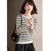 安瑞井 条纹针织衫女式上衣春秋圆领宽松百搭慵懒风打底衫