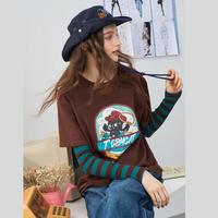 美式复古假两件撞色条纹印花上衣2025秋季宽松休闲女式T恤