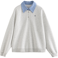 初语拼接假两件衬衫卫衣女2024秋季知识分子时尚polo领上衣 银花灰 M