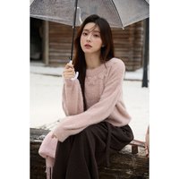 谜秀手工钩花蝴蝶结毛衣女2025秋冬仿貂毛混纺针织衫 粉紫色 粉色 S