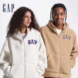 Gap 男女同款 logo仿羊羔绒连帽卫衣外套