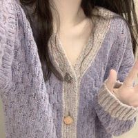 矜持范针织衫女香芋紫v领毛衣外套女秋冬韩系小香风慵懒宽松软糯外套 图片色/面料 L 建议100110斤