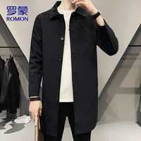 罗蒙 风衣男秋季男士商务休闲百搭翻领中长款大衣外套男装 黑色 XL