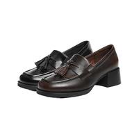 百丽（Belle）气质牛皮流苏乐福鞋女2026春新质感粗高跟通勤单鞋B2970AA6 咖色 35 (225mm)