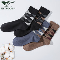 七匹狼 男士纯棉格子高筒袜 盒装 4双