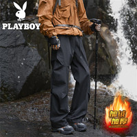 PLAYBOY 冲锋裤伞兵休闲裤子男加绒宽松直筒 黑色  加绒款 XL