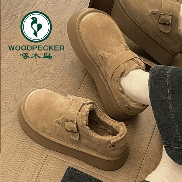啄木鸟 勃肯鞋厚底增高5厘米厚毛毛平底鞋秋冬加绒防滑毛毛鞋学生