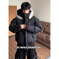 布须曼黑色大毛领羽绒棉服男款冬季加厚保暖短款连帽派克服cleanfit外套 黑色