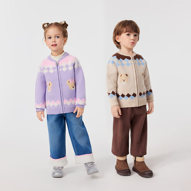 Paw in Paw PawinPaw卡通小熊童装25年秋冬新款男女宝棒球领撞色毛织开衫温暖 Purple紫色/75 110