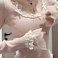 清中乔甜美粉色少女蕾丝假两件长袖ins打底衫蝴蝶结百搭独特上衣潮 粉色 M