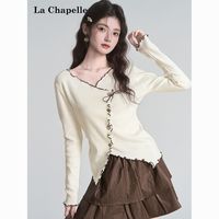La Chapelle/拉夏贝尔 木耳边V领长袖针织打底衫