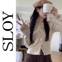 SLOY日系复古纽扣V领针织衫毛衣女秋冬修身显瘦短款开衫上衣