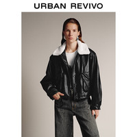 UR UR2025冬季女装气质拼接撞色毛领抽绳PU棉服UWM150071 黑色 (偏宽松) L