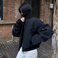 楠子汉黑色折棘美式bomber夹克男款春秋弯刀绑带袖高级感cleanfit短外套 黑色