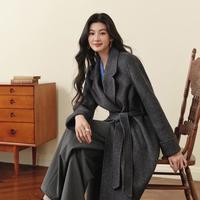 SEIFINI 绵羊毛翻领双排扣毛呢外套赫本风长款气质双面呢大衣