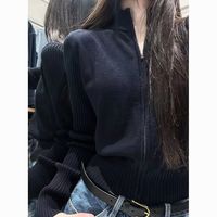 针织衫黑色半高领拉链针织开衫外套女春秋季穿搭外搭毛衣