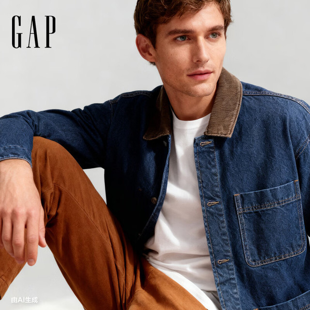 Gap 巴恩风 纯棉工装拼接翻领多口袋牛仔夹克