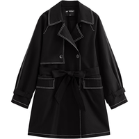 初语撞色压线收腰风衣女2025年春季新款黑色中长款工装夹克外套 黑色 S