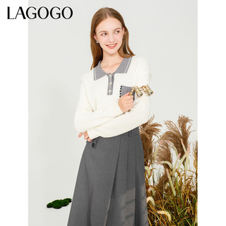 LAGOGO翻领软糯休闲长袖针织衫女拉谷谷秋冬文艺风百搭上衣 米灰(TR) S 155/36