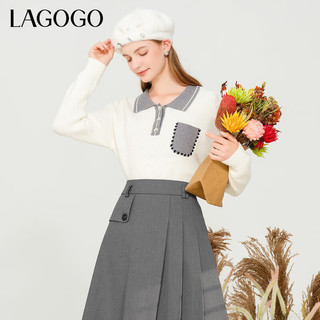 LAGOGO翻领软糯休闲长袖针织衫女拉谷谷秋冬文艺风百搭上衣 米灰(TR) S 155/36