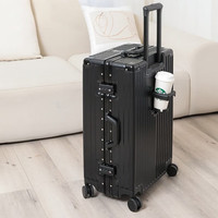 EAZZ升级行李箱铝框多功能架杯拉杆箱男女旅行箱拉链登机密码箱子皮箱 经典黑【坚固铝框+可挂包】 29英寸 出国搬家/大容量