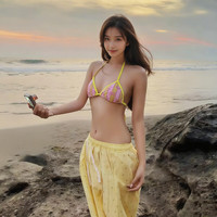 九寸阳光 泳衣女分体性感辣妹比基尼小胸聚拢三点式绑带海边度假风温泉泳装 黄色（比基尼+长裤） M