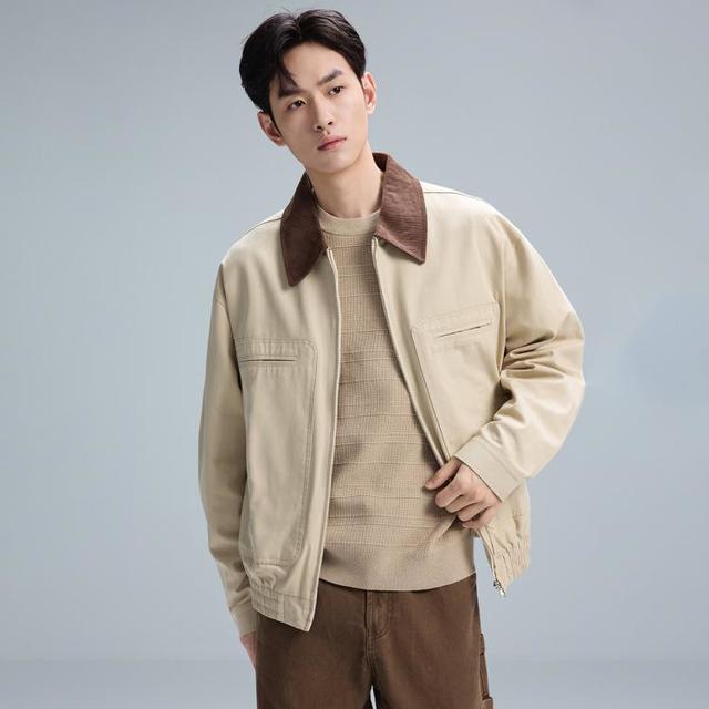 GXG 男式休闲夹克 秋季经典灯芯绒领口撞色翻领