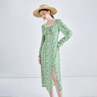 秋水伊人 女装法式方领印花连衣裙