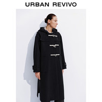 UR2025冬季女复古羊角扣连帽口袋大衣呢料外套UWH150086 墨蓝 L