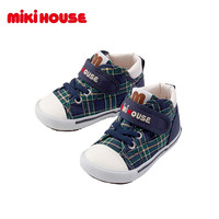 MIKIHOUSE日本制宝宝鞋学步鞋男女婴儿鞋斜纹绿格红格学步鞋四季 藏蓝色二段 内长14cm