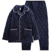 芬腾冬季男士睡衣珊瑚绒夹棉袄三层加厚加绒保暖法兰绒家居服套装
