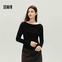 森马长袖T恤女短款薄款纯色设计感2025秋修身荡领套头衫百搭
