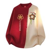 CHARLES JANG'S HAPPY HEART 撞色拼接圆领毛衣男女花卉印花冬季加厚保暖针织上衣