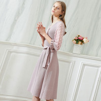 OLRAIN 女装连衣裙 V领拼接木耳边针织裙