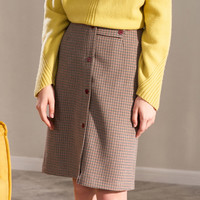 Olrain欧芮儿高腰显瘦格子半身裙百搭中长款单排扣包臀裙 酒红色