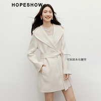 红袖白月光毛呢外套2025冬季新款女装100%绵羊毛连帽领气质双面呢大衣 米白004