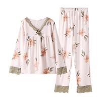 芬腾春秋季长袖睡衣女士纯棉V领套头韩版宽松大码家居服两件套装