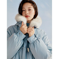 茵曼可拆毛领连帽羽绒服2025冬女装牛角扣灯笼袖长外套 浅蓝色 XL XL 身高166-170体重121-130