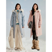 茵曼可拆毛领连帽羽绒服2025冬女装牛角扣灯笼袖长外套浅粉色 M M 身高161-165体重101-110