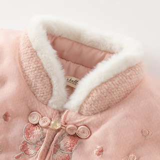 戴维贝拉（DAVE＆BELLA）童装儿童新中式棉服冬季新年宝宝棉衣雪貂绒小童外套女童衣服 灰粉色【现货】 1