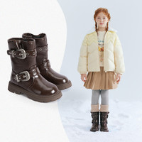 笛莎（DEESHA）童装女童加绒皮靴2025冬季女孩复古休闲保暖洋气短筒皮靴童鞋 咖色 28