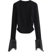 TOYOUTH/初语 拼接牛仔修身T恤 黑色 L