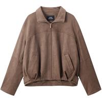 太平鸟黑胶PU外套25宽松夹克短廓形棕色皮衣短外套套装女*