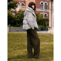 ELLE90白鸭绒灰色短款连帽羽绒服女2025冬季休闲拼接保暖外套 浅灰 M
