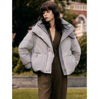ELLE90白鸭绒灰色短款连帽羽绒服女2025冬季休闲拼接保暖外套 浅灰 M