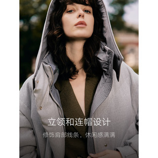 ELLE90白鸭绒灰色短款连帽羽绒服女2025冬季休闲拼接保暖外套 浅灰 M