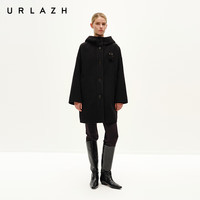 URLAZH冬季新款黑色廓形连帽中长款毛呢大衣女 黑